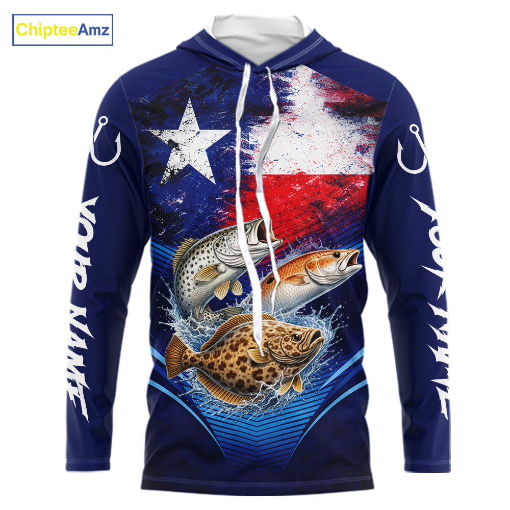 Texas Slam Redfish, Trout, Flounder Custom Fishing Shirts Long Sleeve Hooded, Texas Flag Fishing Shirt NHT505