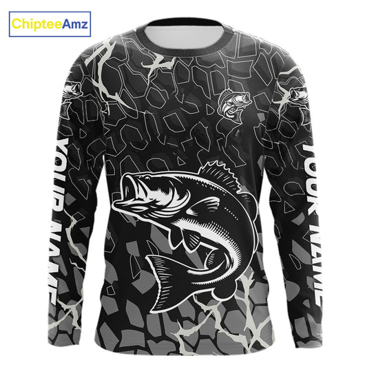 Custom Bass Fishing Black Camo Long Sleeve Fishing Shirts, Personalized Bass Fishing Jerseys NHT507