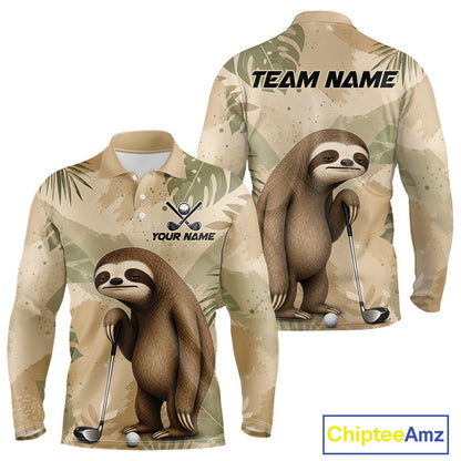 Front and back views of a long-sleeve polo shirt with a beige and green tropical camouflage pattern, featuring a printed sloth holding a golf club. The front has a polo collar, button placket, and customizable text/logo area.