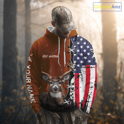 Personalized Orange Deer Hunting 3D Shirt with American Flag Design, Perfect Gift for Hunters NHT280