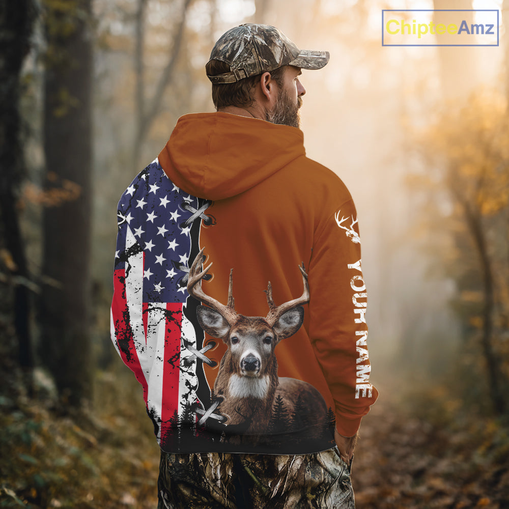 Personalized Orange Deer Hunting 3D Shirt with American Flag Design, Perfect Gift for Hunters NHT280