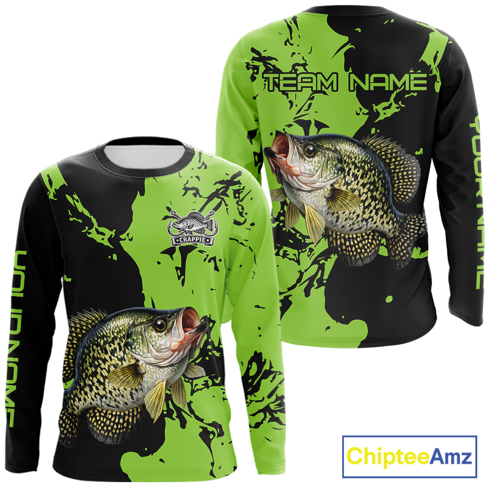 Black And Green Custom Crappie Fishing Jerseys, Crappie Long Sleeve Fishing Shirts NHT451