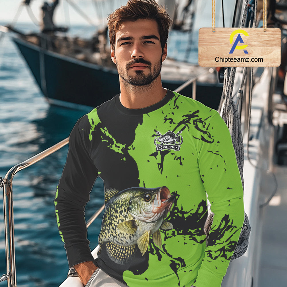 Black And Green Custom Crappie Fishing Jerseys, Crappie Long Sleeve Fishing Shirts NHT451