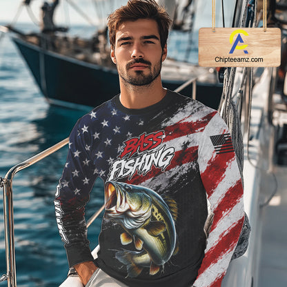 American Flag Bass Fishing Shirt For Men, Personalized Largemouth Bass Fishing Apparel