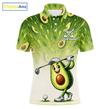 Load image into Gallery viewer, Avocado-themed golf shirt with cartoon avocado character holding a golf club on a white background.