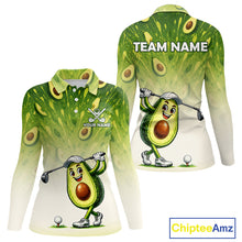 Load image into Gallery viewer, Avocado-themed golf shirt with cartoon character and customizable text on a white background