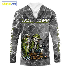 Load image into Gallery viewer, Custom Camo Gray Fish Reaper Skull Bass Hooded Long Sleeve Fishing Shirt, Bass Hunter Fishing Jerseys NHT678