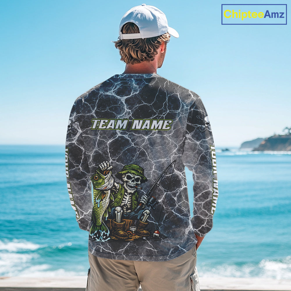 Custom Camo Gray Fish Reaper Skull Bass Long Sleeve Fishing Shirt, Bass Hunter Fishing Jerseys NHT678