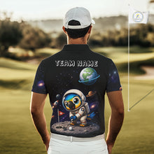 Load image into Gallery viewer, Close up of personalized astronaut parrot mens golf polo shirt, breathable polyester fabric, custom name area.