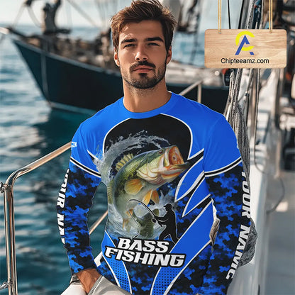 Personalized Bass Fishing Shirts Long Sleeve, UV Protection Shirt Customize Name Fishing | Blue NHT395
