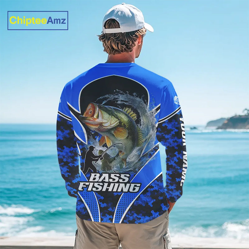 Personalized Bass Fishing Shirts Long Sleeve, UV Protection Shirt Customize Name Fishing | Blue NHT395