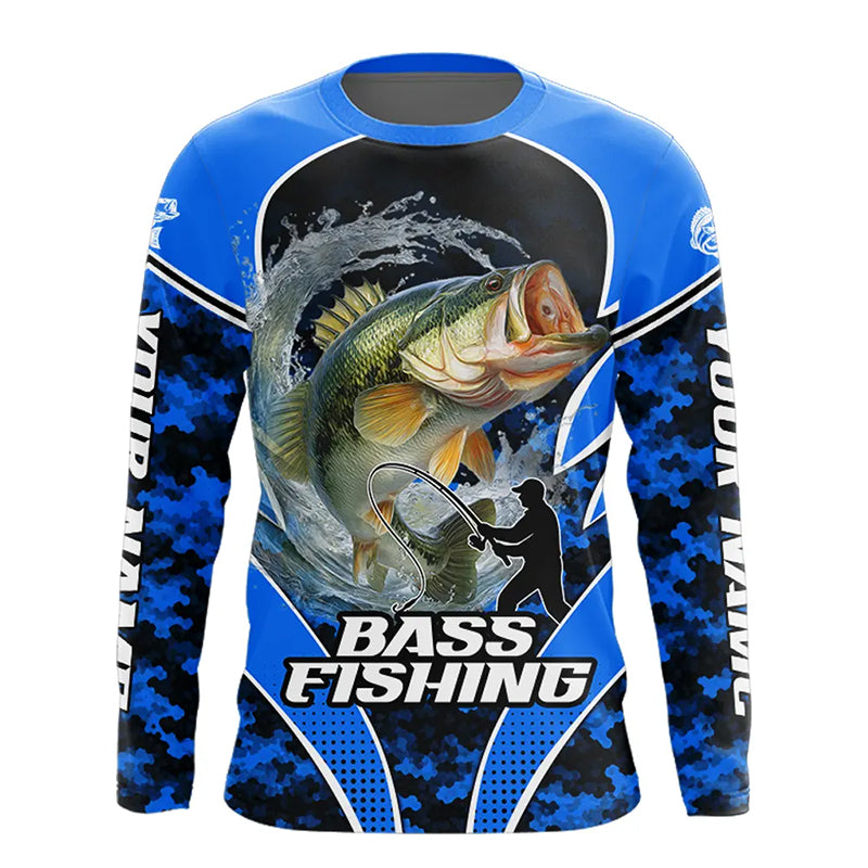Personalized Bass Fishing Shirts Long Sleeve, UV Protection Shirt Customize Name Fishing | Blue NHT395
