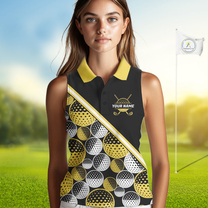 Golf Balls Yellow Pattern Womens Sleeveless Golf Polo Shirts Custom Golf Apparel For Familly Team Shirt NHT708