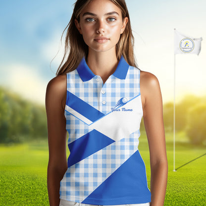 Custom Womens Sleeveless Blue Gingham Plaid Golf Polo Shirts– Personalized Ladies Golf Apparel NHT718