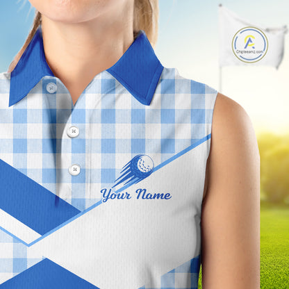 Custom Womens Sleeveless Blue Gingham Plaid Golf Polo Shirts– Personalized Ladies Golf Apparel NHT718
