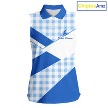 Load image into Gallery viewer, Custom Womens Sleeveless Blue Gingham Plaid Golf Polo Shirts– Personalized Ladies Golf Apparel NHT718