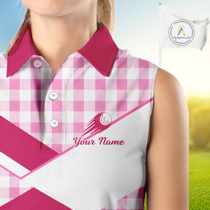 Custom Womens Sleeveless Pink Gingham Plaid Golf Polo Shirts– Personalized Ladies Golf Apparel NHT719