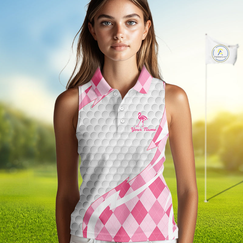 Pink Argyle Plaid Pattern Funny Flamingo Golf Wine Sleeveless Womens  Golf Polos Shirt Custom Funny Golf Shirt For Ladies NHT738