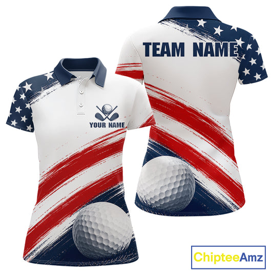 Custom USA Flag Womens Golf Polo Shirt – Patriotic Golf Polo With Personalized Name 