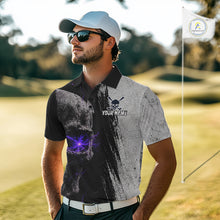 Load image into Gallery viewer, Personalized Skull Mens Golf Polo Shirt Purple Lightning Custom Team Name Golf Shirt 
