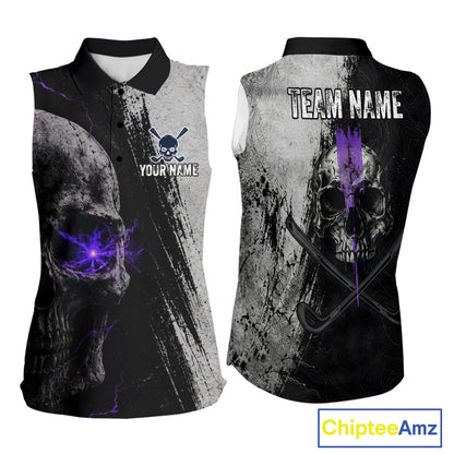 Personalized Skull Womens Sleeveless Golf Polo Shirt Purple Lightning Custom Team Name Golf Shirt 