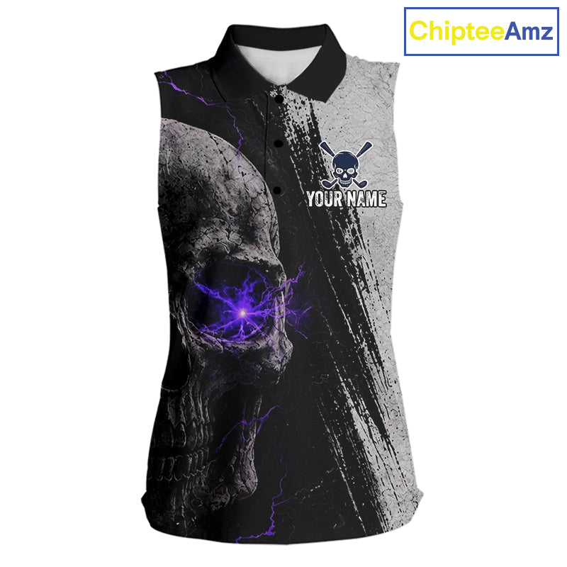 Personalized Skull Womens Sleeveless Golf Polo Shirt Purple Lightning Custom Team Name Golf Shirt 