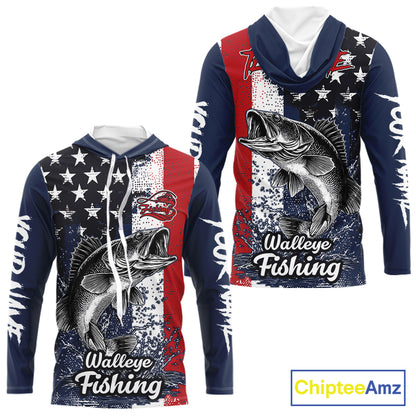 Walleye Custom US Flag Hooded Long Sleeve Shirt, Men's Fishing Shirt NHT412
