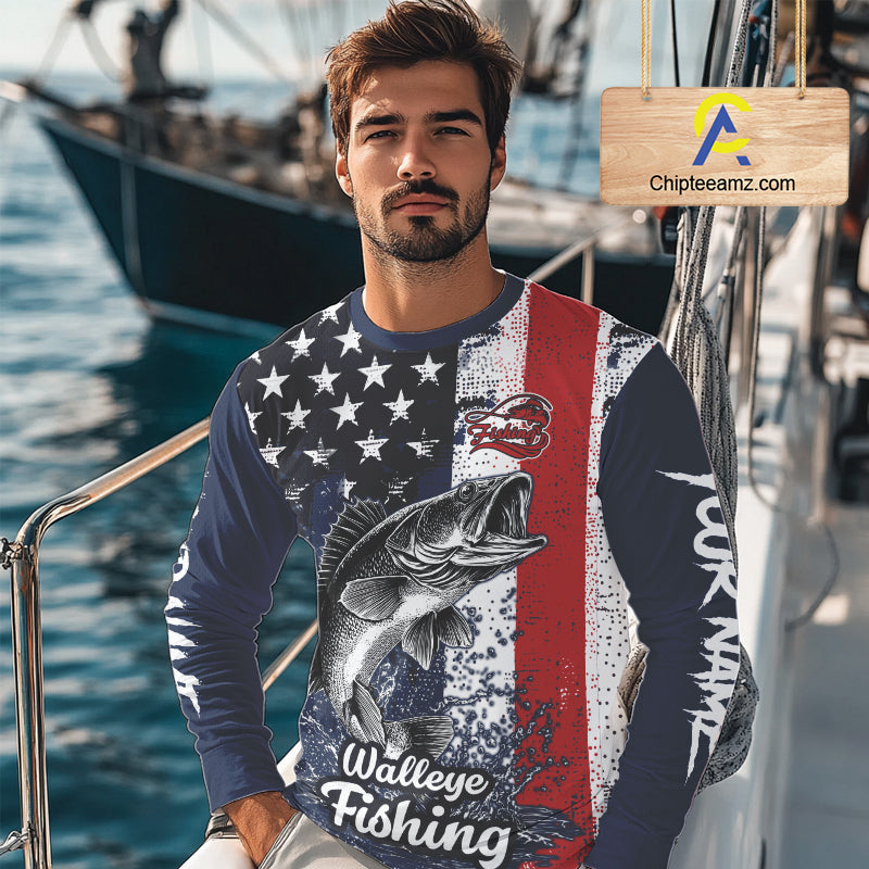 Walleye Custom US Flag Long Sleeve Fishing Shirt, Men's Fishing Shirt NHT412