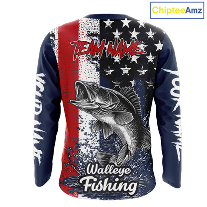 Walleye Custom US Flag Long Sleeve Fishing Shirt, Men's Fishing Shirt NHT412