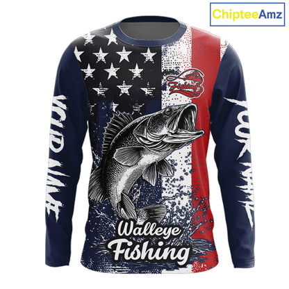 Walleye Custom US Flag Long Sleeve Fishing Shirt, Men's Fishing Shirt NHT412