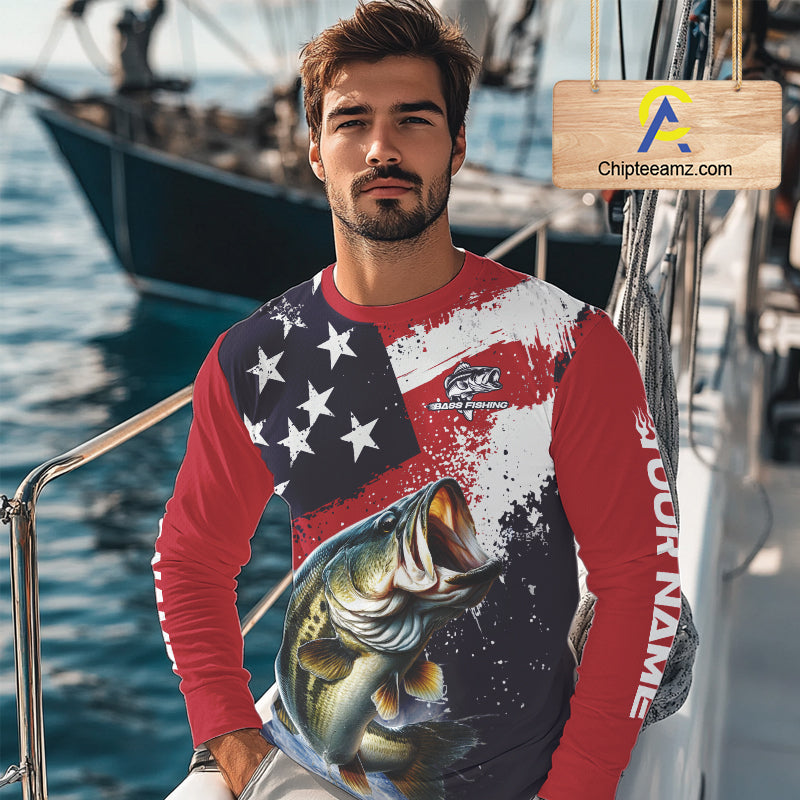 Personalized Bass Fishing Jerseys, Custom American Flag Bass Fishing Shirts Long Sleeve NHT414