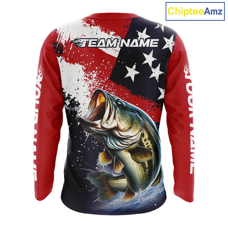 Personalized Bass Fishing Jerseys, Custom American Flag Bass Fishing Shirts Long Sleeve NHT414