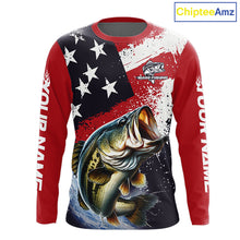 Load image into Gallery viewer, Personalized Bass Fishing Jerseys, Custom American Flag Bass Fishing Shirts Long Sleeve NHT414