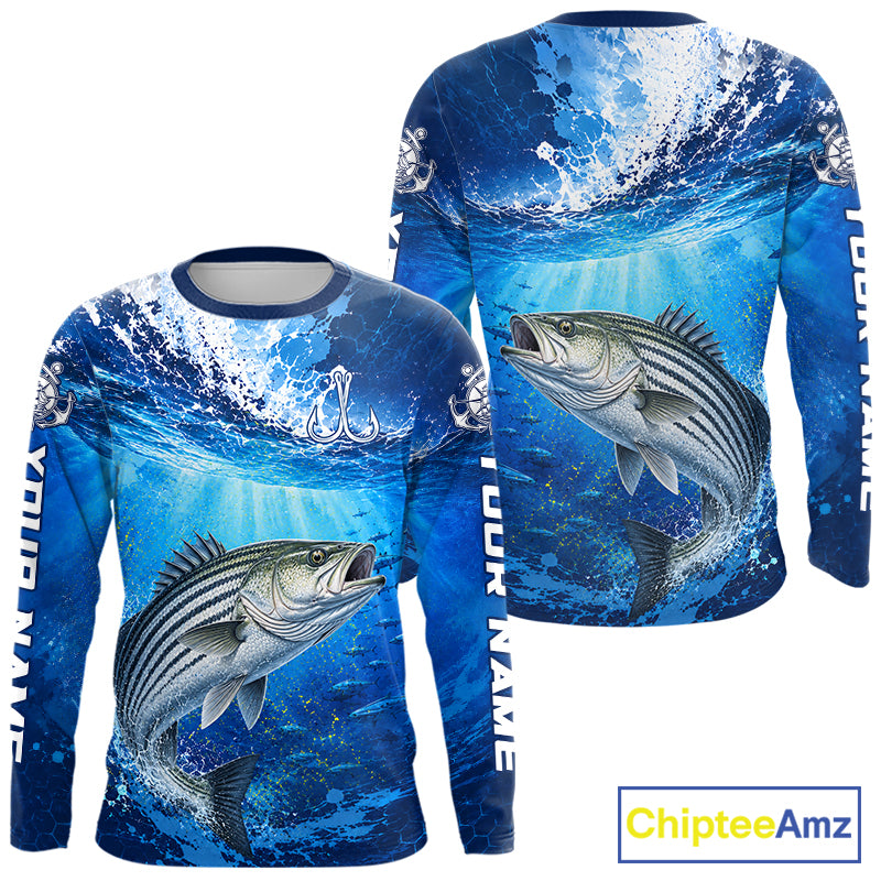Striped Bass Fishing Jersey Ocean Blue 3D All Over Print Long Sleeve Performance Shirt 