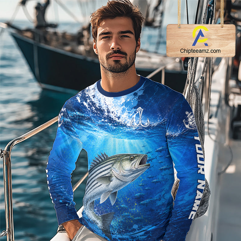 Striped Bass Fishing Jersey Ocean Blue 3D All Over Print Long Sleeve Performance Shirt 