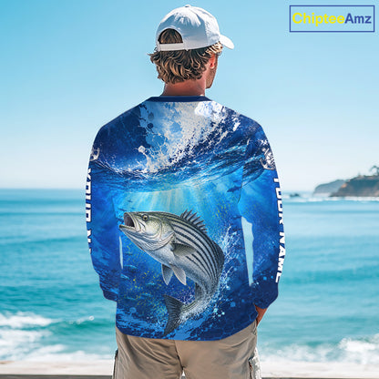 Striped Bass Fishing Jersey Ocean Blue 3D All Over Print Long Sleeve Performance Shirt 