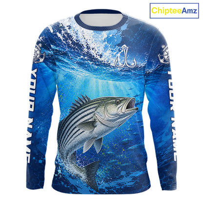 Striped Bass Fishing Jersey Ocean Blue 3D All Over Print Long Sleeve Performance Shirt 