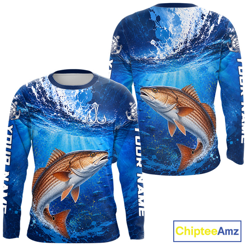 Redfish (Red Drum) Fishing Jersey Ocean Blue 3D All Over Print Long Sleeve Performance Shirt 