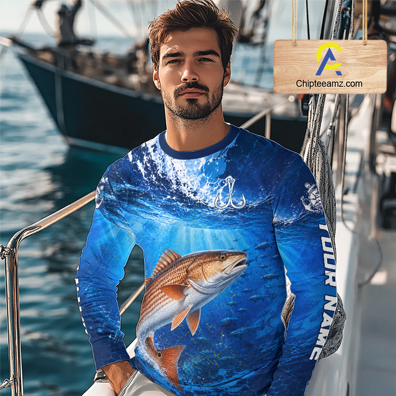 Redfish (Red Drum) Fishing Jersey Ocean Blue 3D All Over Print Long Sleeve Performance Shirt 