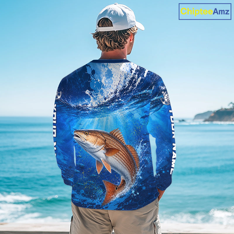 Redfish (Red Drum) Fishing Jersey Ocean Blue 3D All Over Print Long Sleeve Performance Shirt 