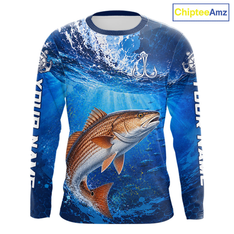 Redfish (Red Drum) Fishing Jersey Ocean Blue 3D All Over Print Long Sleeve Performance Shirt 
