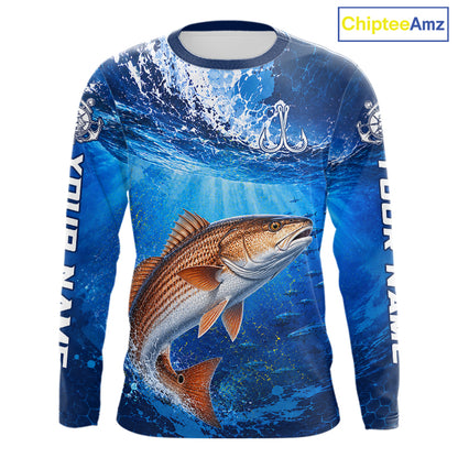 Redfish (Red Drum) Fishing Jersey Ocean Blue 3D All Over Print Long Sleeve Performance Shirt 