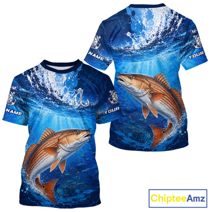Redfish (Red Drum) Short Sleeve T-Shirt Ocean Blue 3D All Over Print Performance Shirt 
