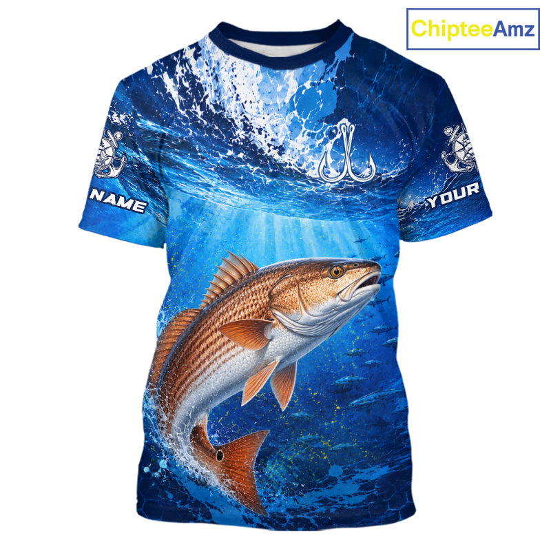 Redfish (Red Drum) Short Sleeve T-Shirt Ocean Blue 3D All Over Print Performance Shirt 