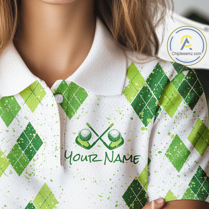 Green Argyle Womens Golf Polo Shirt, Pattern Golf Shirts Custom Team Golf Polo NHT574