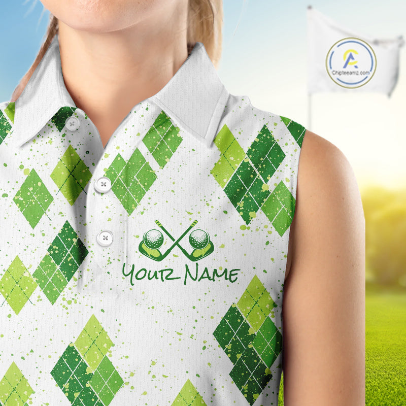 Green Argyle Womens Sleeveless Golf Polo Shirt, Pattern Golf Shirts Custom Team Golf Polo NHT574