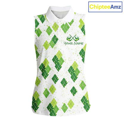 Green Argyle Womens Sleeveless Golf Polo Shirt, Pattern Golf Shirts Custom Team Golf Polo NHT574