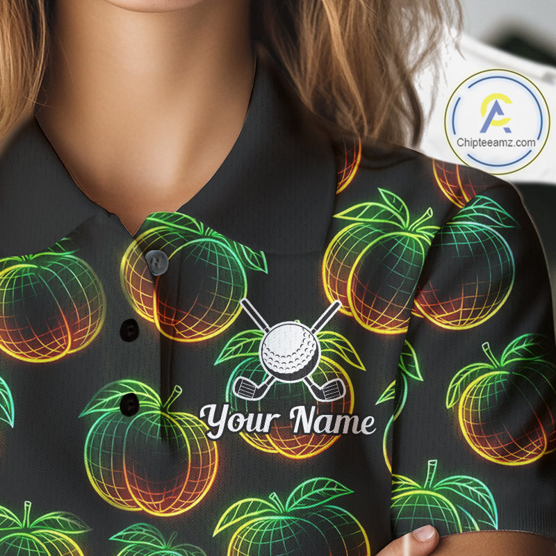 Funny Neon Colorful Peach In Dark Golf Women's Polo Shirt,  Funny Fruit Pattern Polo Top NHT578