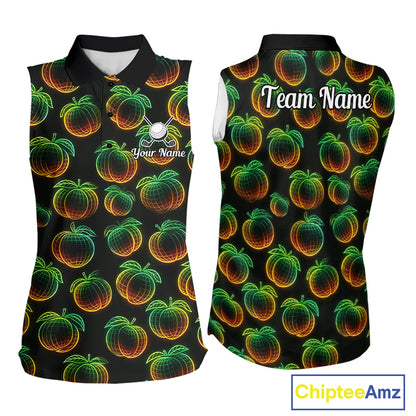 Funny Neon Colorful Peach In Dark Womens Sleeveless Golf Polo Shirt,  Funny Fruit Pattern Polo Top NHT578