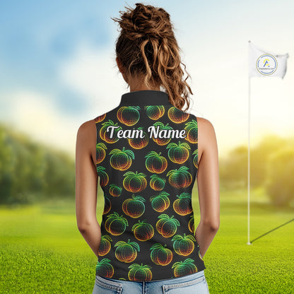Funny Neon Colorful Peach In Dark Womens Sleeveless Golf Polo Shirt,  Funny Fruit Pattern Polo Top NHT578